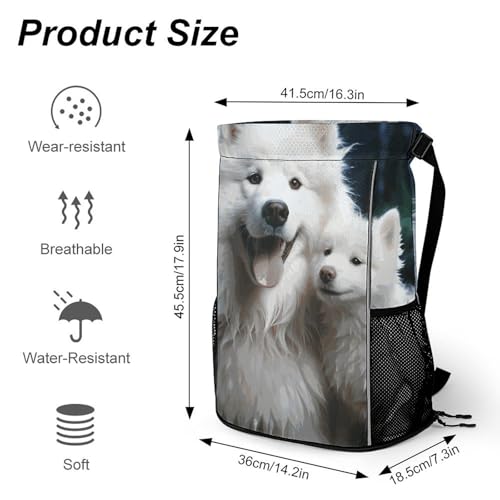 Drawstring Backpack Sports Gym Swim Bag with Shoes Compartment White Dog Stuff Sack2