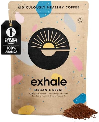 EXHALE Organic Chemical-Free Ground Decaf Coffee - NEW LARGE 450G PACK - Single Origin and 100% Arabica Beans. For Cafetiere, Filter or AeroPress - Decaf Medium Roast