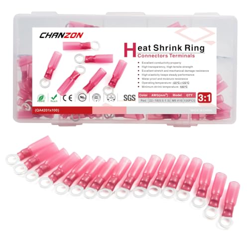 Chanzon 100pcs #10 Heat Shrink Ring Terminal M5 UL Recognized 22-16AWG Red