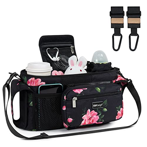 Image of TOPDesign Universal Baby Stroller Organizer, Stroller Caddy with Heightened Insulated Cup Holders & Non-Slip Secure Hooks Accessories, Fits Most Strollers, Machine Washable (Peony)