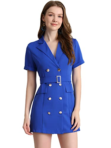 Allegra K Women's Notched Lapel Double Breasted Casual Work Office Belted Blazer Dress