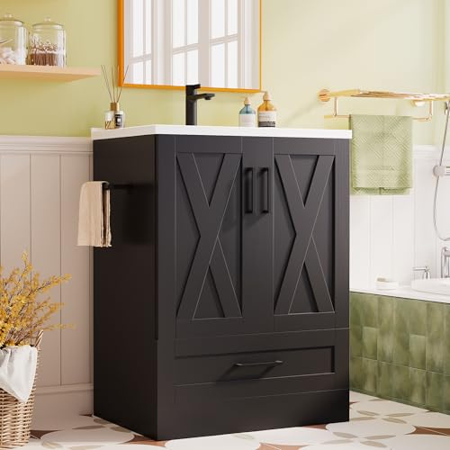 JUMMICO 24' Bathroom Vanity with Sink, Bathroom Storage Vanity Sink Cabinet with 2 Doors ＆ 1 Drawer Space, Farmhouse Wooden Free Standing Bathroom Cabinet with Sink Combo, Easy Assembly (Black)