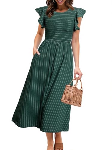 Simplee Womens Striped Midi Summer Dress Smocked Flutter Short Sleeve Dress 2025 Flowy Casual Dress with Pockets