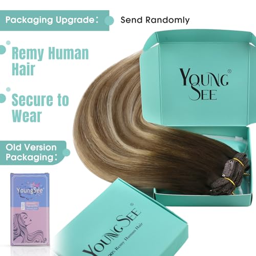 Image of YoungSee Balayage Clip in Hair Extensions Real Human Hair Chocolate Brown Roots to Medium Brown with Blonde Ombre Clip in Extensions Human Hair Clip ins for Women 14inch 120g