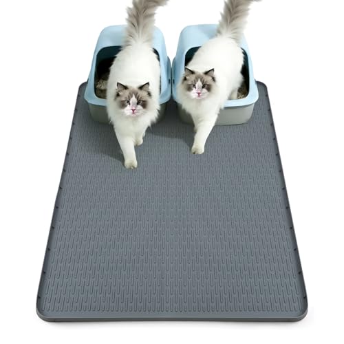 Cat Litter Mat , Large 40"×28"×3/5" Silicone Cats Litter Box Mat with Raised Edge , Soft Litter Trapping Mat , Pet Mat for Litter Box Waterproof (Grey