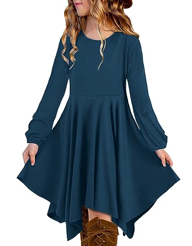 KYMIDY Girls High Low Midi Dress Long Sleeve Boho Swing Casual Dresses with Pockets for Kids 6-12 Years
