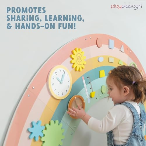 Image of Play Platoon Kids Sensory Wall Panel, Activity Wall Busy Board Toys for Toddlers 1-3, Sensory Board - 64x32 inch Neutral Wooden Rainbow with 11 Activities for Montessori Playroom