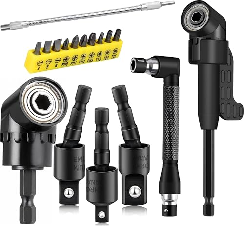 Image of 17Piece Flexible Drill Bit Extension, Include 3Pcs Rotatable Socket Adapter 2Pcs Hex Shank 105 Right Angle Drill Attachment 10 Short Screwdriver bits 90 Angled Bits and Bendable Drill Bit Extension
