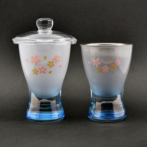 ガラス仏茶器セット 080 さくら模様入りブルー×ホワイト 創価学会仏具 ご飯入れ お水入れ 茶碗 SGI SOKA