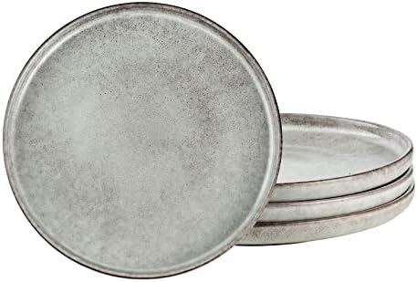 Henten Home Ceramic Dinner Plates, 10 Inch Large Porcelain Steak Plates Set of 4, Fluted Round Pasta Plates for Kitchen, Salad Serving Stoneware Dishes, Reactive Glaze, Scratch Resistant (Grey)