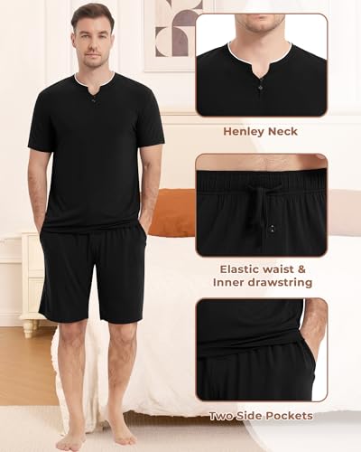 Image of NACHILA Pajamas Set for Men-Viscose Made from Bamboo, Short Sleeve Sleepwear Soft Pj with Shorts Cool Loungewear