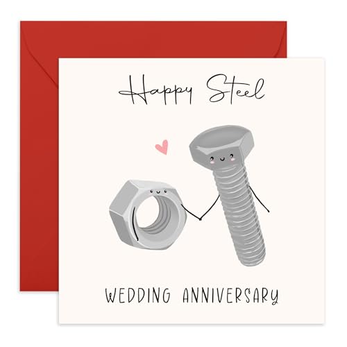 11th Wedding Anniversary Card Happy Steel Anniv Gifts for Wife Husband Partner Couples Him Her Friends Son Daughter Colleague Neighbour - Cute Bolt and Nut - Comes with Stickers