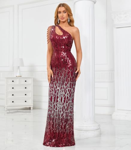 Image of Cololura Women Sequin Elegant Sexy One Shoulder Tassel Mermaid Bodycon Cocktail Evening Dress