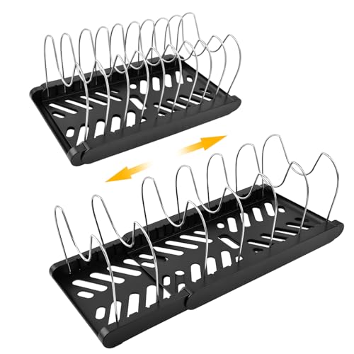 Image of DiQiRenQin Pot and Pan Organizer, Expandable Pan Organizer for Cabinet, Pot Lid Holder with 10 Adjustable Compartments for Kitchen Cabinet Cookware Baking Frying Rack(Black)