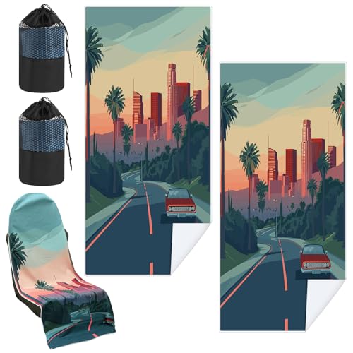 Image of 2 Pack Car Seat Towel Cover with Storage Bag, Los Angeles Street Scene | 63 x 32 in Car Towel Seat Cover Non Slip Waterproof, Gym Workout Swimming Running, Machine Washable Sweat Absorbent Protector