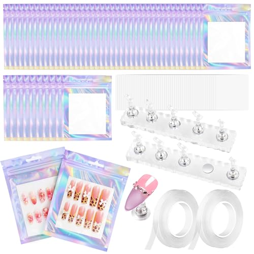 ESUOHYM 50 PCS Nails Packaging Bags with Nail Stand for Fake Nail Holographic Press On Nail Storage Container Nail Art Kit for Diy Design Nail Cardboards with 2 Double-sided Adhesive Tape Salon Home