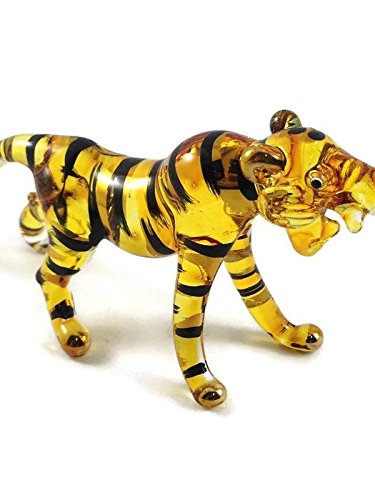 Mr_Air_Thai_Glass_Blown Tiny 3" Long Yellow Black Roaring Tiger Figurine - Miniature Hand Blown Glass Bengal Tigers Crystal Wild Predator Animals Decorative Collectible Figurines Décor Gifts #TOP2