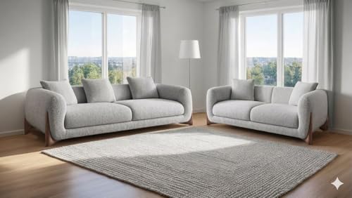 Image of Modern Sofa Chesterfield Design with Stylish Wooden Legs Boucle Fabric Light Gray Finish Sofa for Living Room, Bedroom, Hallways (3+2 Seater)