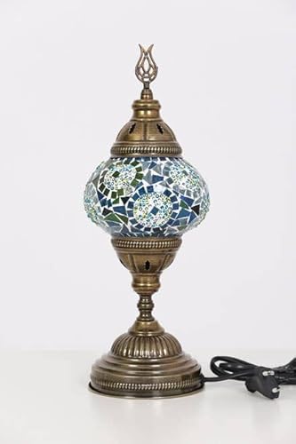 Kafthan - Turkish Handmade Mosaic Glass Table Lamp - Unique Custom Moroccan Lamp Shades -Decorative Globe Candelabra Room Decor Lantern Lamp W/Led Bulb-Bedside Night Light -Turquoise Seperated Circles #TOP15