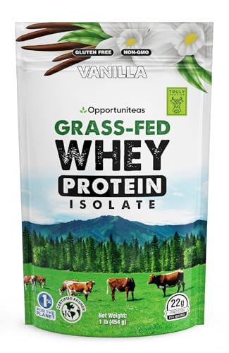 Opportuniteas Grass Fed Vanilla Whey Protein Isolate Powder - 22g Protein Powder Without Artificial Sweeteners, Hormone-Free Cows, Non GMO - 1lb