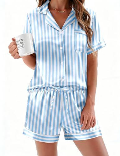 Image of Ekouaer Silk Pajamas for Women Button Down Sleepwear 2 Piece Pjs Shorts Set | Classic Short Sleeve Notch Neck Lounge Set with Pockets,Soft Cute Pj Set,Bridal Gifts,Pajama Party,Maternity Outfits