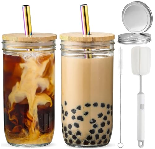CJWLKJ 2-Pack 24oz Glass Cups Tumbler with Lids and Straws & 2 Airtight Lids, Reusable Boba Bubble Tea Cups, Mason Jar Drinking Glasses Iced Coffee Cup for Long Drinks, Water, Cocktail, Whiskey, Gift
