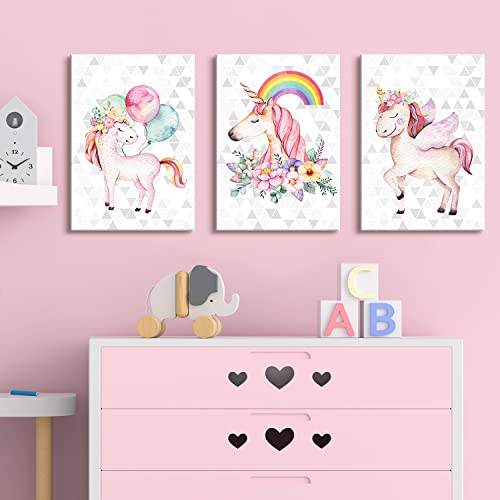 Unicorn Canvas Wall Art For Girls Bedroom Wall Decor Colorful Rainbow Unicorn Pictures Kids Room Decor Watercolor Pink Floral Balloon Painting Children Nursery Bathroom Home Decorations 12X16" 3 Pieces #TOP3