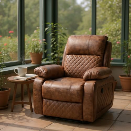 Image of Cable Crafts Deluxe Quilted Recliner in Brown Leatherette for Home Living Room Comfortable Seating