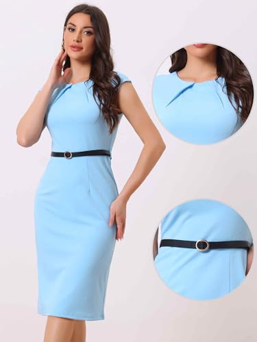Image of Allegra K Business Dress for Women's Work Elegant 2026 Cap Sleeve Belted Office Sheath Dresses