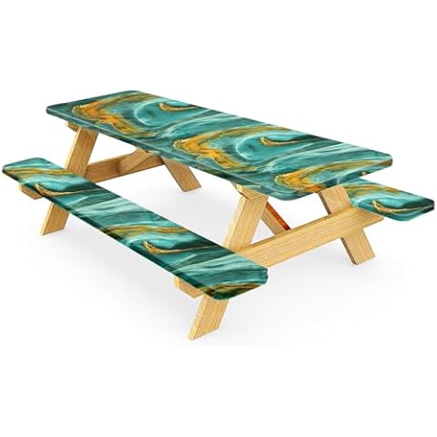 sowinlar Vinyl Picnic Table Cover and Bench Covers Fitted Tablecloth,Double Flannel Backing Elastic Edge Waterproof Wipeable Plastic Tabel Cover for Indoor Outdoor Parties 3pcs - 96 * 30 in Cover