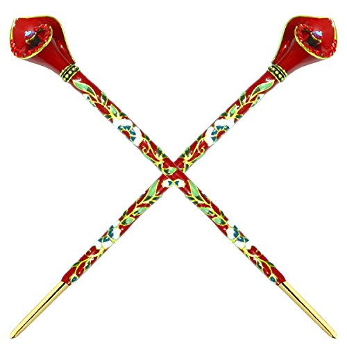 Fashion & Lifestyle 2 Count Hair Decor Chinese Traditional Style Hair Sticks Shawl Pins Picks Pics Forks for Women Girls Hair Updo Making Accessory 6" with Flower, Red