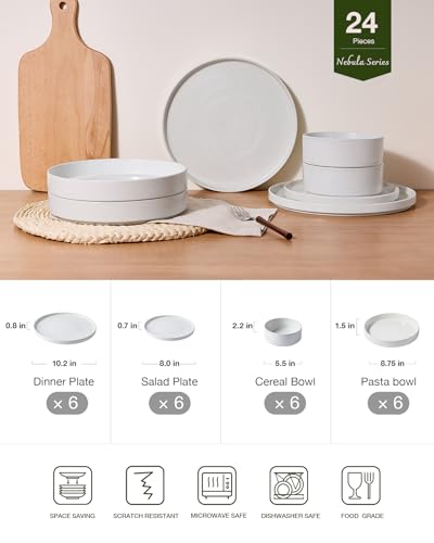 Image of Famiware Nebula Dinnerware Sets with Pasta Bowls, Service for 6 (24 Pieces), Fine Stoneware Plates and Bowls Sets, Microwave and Dishwasher Safe Dishes Set, White