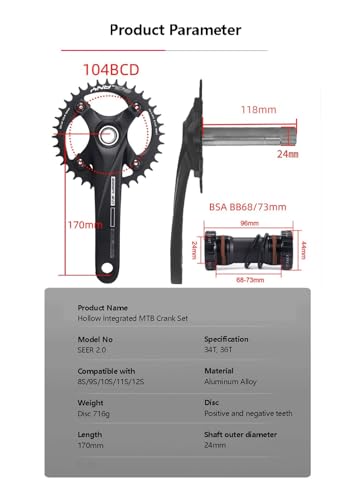 104 BCD 34T 36T 68-73 BB 170MM bielas de bicicleta de montaña juego de brazos de manivela de bicicleta juego de manivela de bicicleta de montaña hueco integrado bielas de aleación de aluminio(Black,34