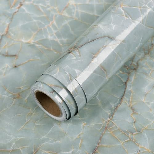 LACHEERY 160"x15.8" Marble Cyan Green Contact Paper Decorative Peel and Stick Wallpaper Roll Removable Wallpaper Waterproof Marble Countertop Contact Paper for Kitchen Cabinets Backsplash Desk Top