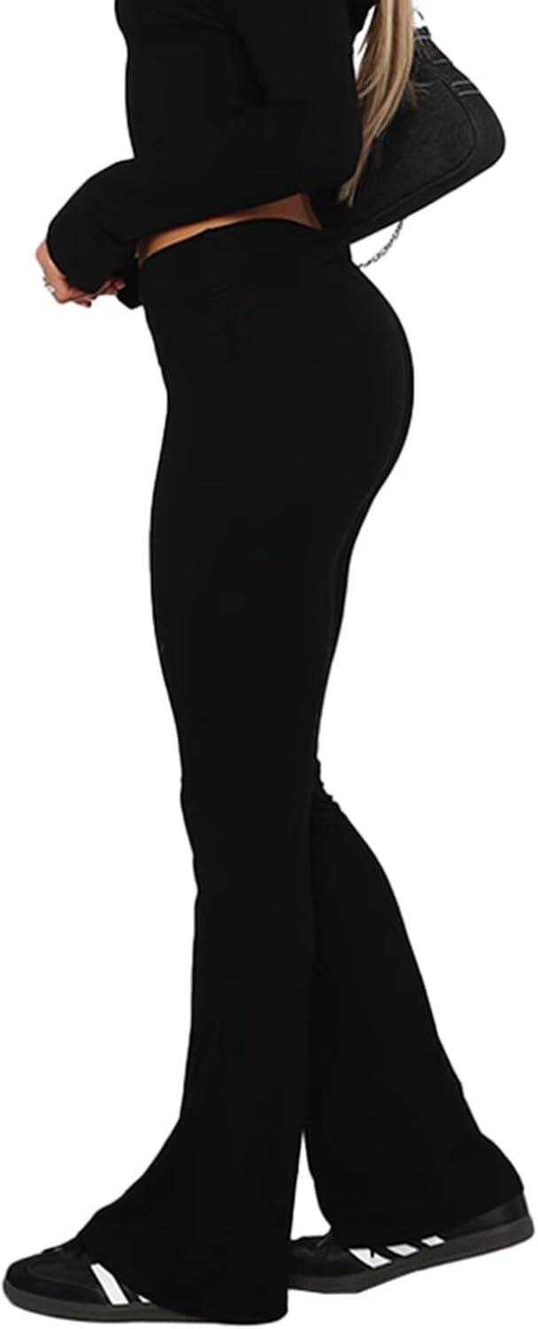 Fawjsais Flare Leggings for Women Skinny Fold Over Leggings Bootcut Yoga Pants Low Rise Sweatpants - Image 2