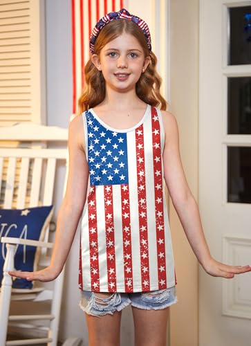 Image of 4th of July Girls Flag Tank Top Back Bow Sleeveless Patriotic Holidays T-Shirt 4-14 Years