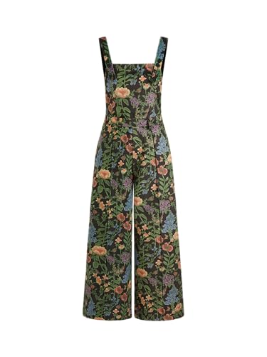 CIDER Jumpsuits For Women Floral Square Neck Corduroy Straight Leg Trousers Mid Waist Pocket Long Jumpsuit