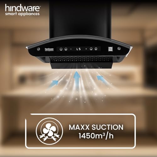 Image of Hindware Smart Appliances | Alexio Plus BLDC 60 cm Chimney | 1450 CMH | Curved Glass | Filterless | Auto Clean | Touch Control, Motion Sensor | 12 Yrs Warranty on Motor & 3 Yrs on Product (Black)
