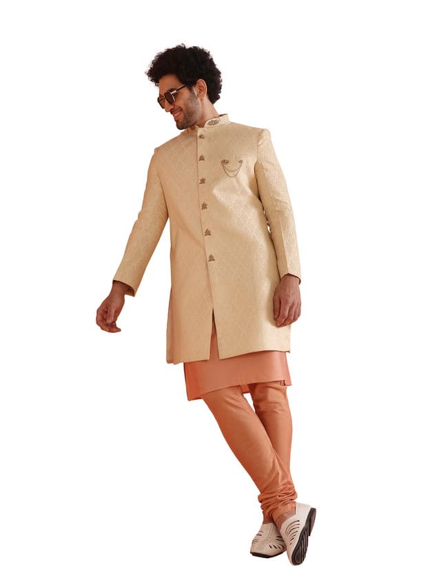 kisah Men's Kurta Indo-Western Sherwani Churidar Set, Cream Silk Blend, Jacquard Regular Fit Mandarin Collar Long Sleeves-picture-14