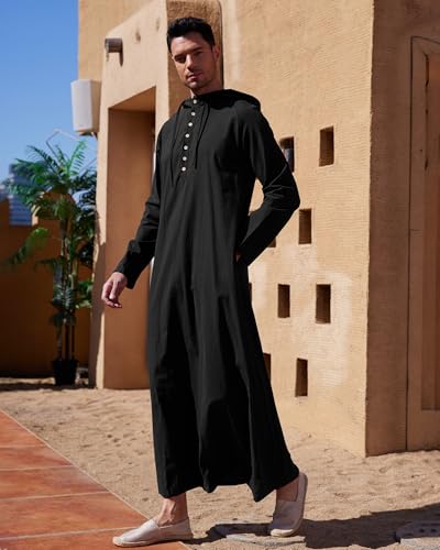 NANAMEEI Thobe for Men Linen Hooded Kaftan Big and Tall Arabic Thobe Caftan3
