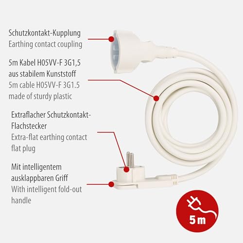 Brennenstuhl Qualitäts-Kunststoff-Verlängerungskabel mit Flachstecker (Verlängerungskabel flach für innen mit 5m Kabel) Weiß, 5m