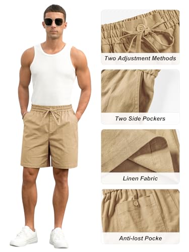 Image of RQP Mens Cotton Linen Shorts Casual Drawstring 7inch Inseam Shorts Stretch Summer Beach Wear