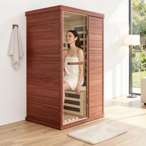1 Person Far Infrared Sauna, Canadian Hemlock Thickened Wood, Extra-Thick Explosion-Proof Glass,...