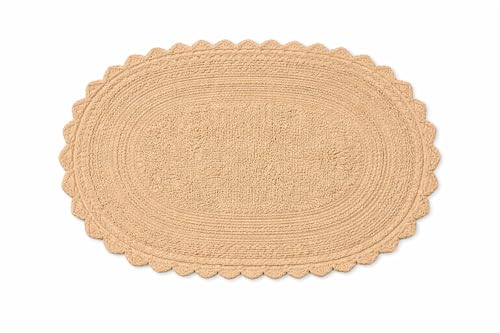 Royal Blaze Crochet Bath Rug 100% Cotton Reversible, 18”x26” Sand Beige Oval Bath Mat, Reversible Plush Tufted Loop Design with Decorative Edges, Thick Bathroom Rug