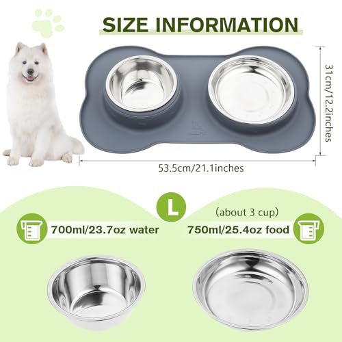 Pecute Dog Bowls Non Slip, Stainless Steel Double Bowls Set with Non-Spill Silicone Mats Tray for Medium Dogs Water Food Feeding (L,Grey) - Image 4