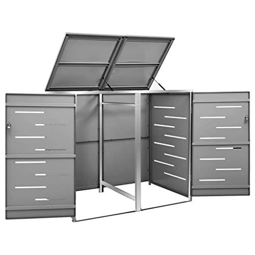 CUMYZO Double Wheelie Bin Shed 54.3\"x30.5\"x45.5\" Stainless Steel Anthracite (37.8KG/83.16LB) Waste Containment Accessories-Waste Container Enclosures