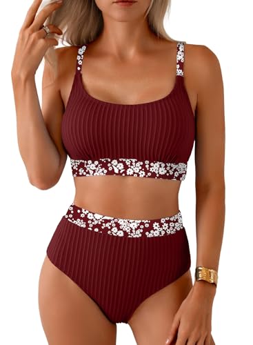 Image of Herseas Women's Textured Bikini Sets Floral Print Trim Scoop Neck Swimsuits High Waisted Bathing Suits