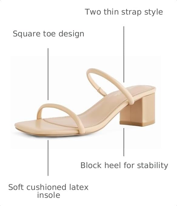 Image of Shoe'N Tale Strappy Heels for Women Square Open Toe Two Strap Low Block Heel Slip on Dressy Sandals Shoes