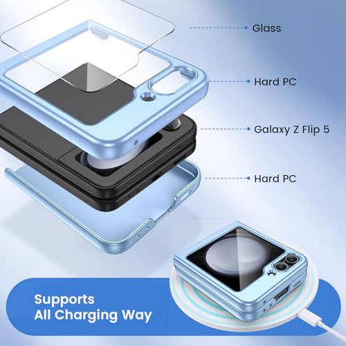 Image of Ruky for Z-Flip-5 Slim Case, with Built-in Back Screen Protector, Blue | Support Wireless Charging Hard PC Ultra-Thin Full Body Protective Phone Cover for Samsung Galaxy Z Flip 5, Blue