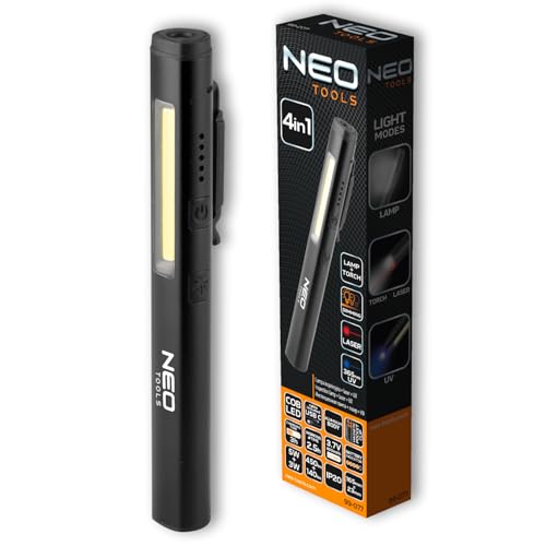 NEO TOOLS Inspektionslampe 450 lm COB LED + Laser + UV + 4 in 1 Taschenlampe, 450 lm, 365 nm UV-Ultraviolettlampe, 3,7 V 800 mAh Lithium-Ionen-Akku,...